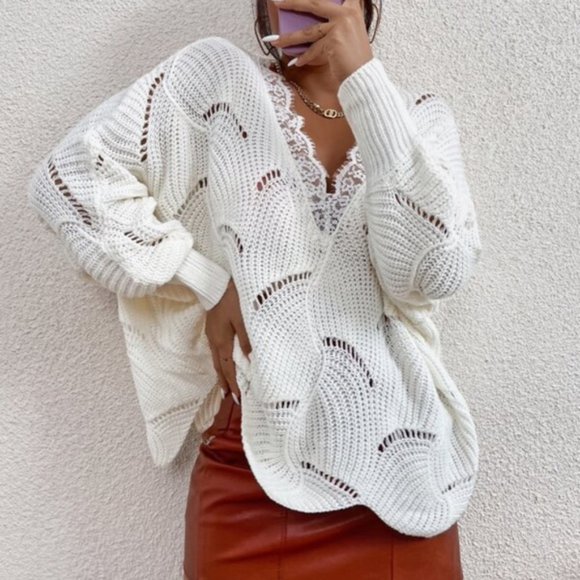 Off White Lace V neck Lantern Sleeve Sweater Top - Picture 10 of 10